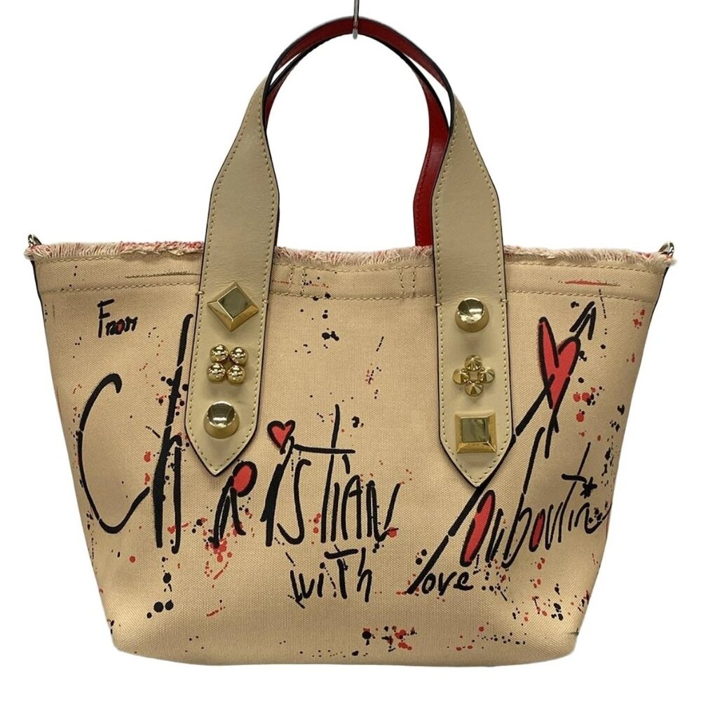 CHRISTIAN LOUBOUTIN Beige Gray Beige Multi Canvas Leather Tote Bag 548-080825